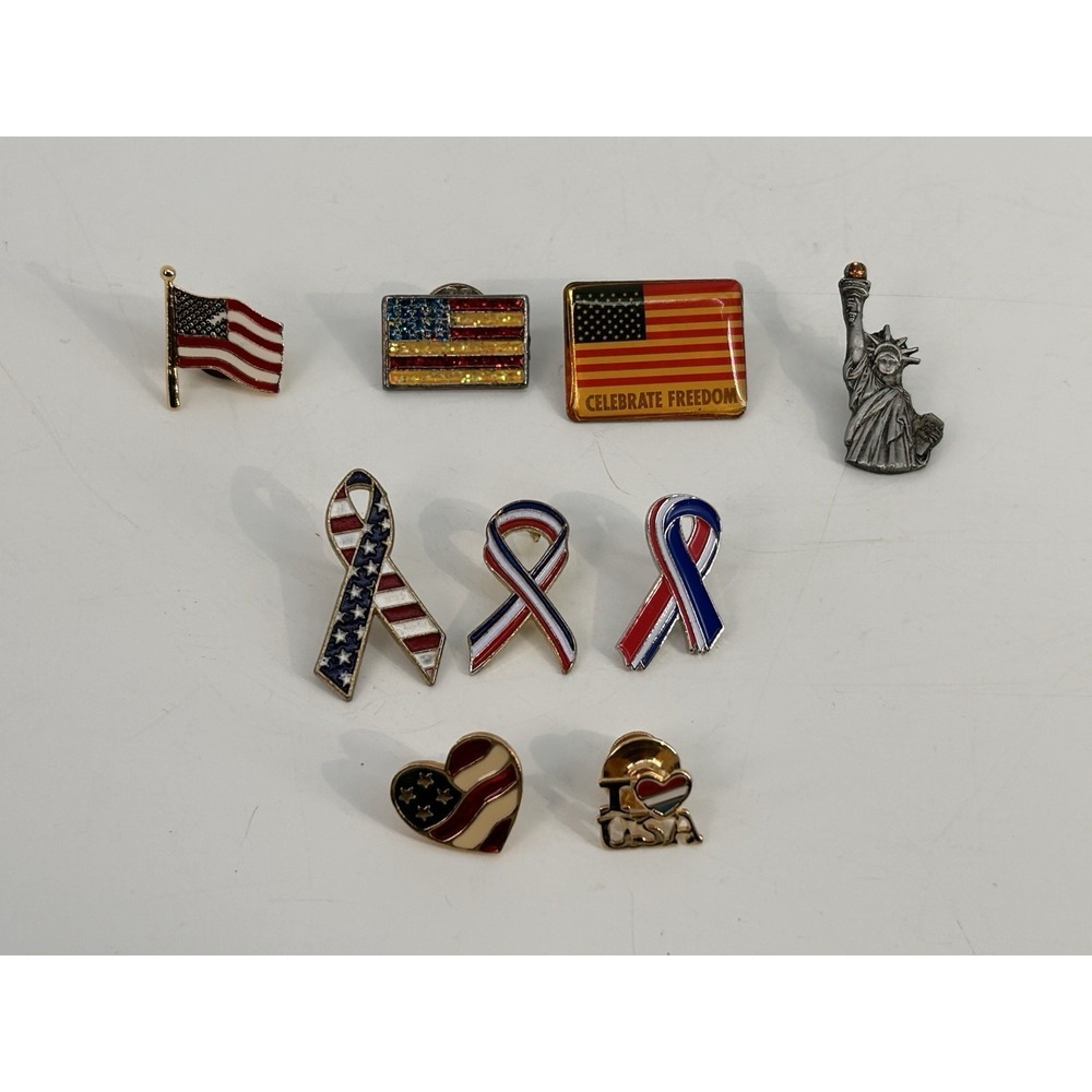 Vintage Patriotic Enamel Lapel Pin Lot Of 9 Pins American Flag Red White Blue